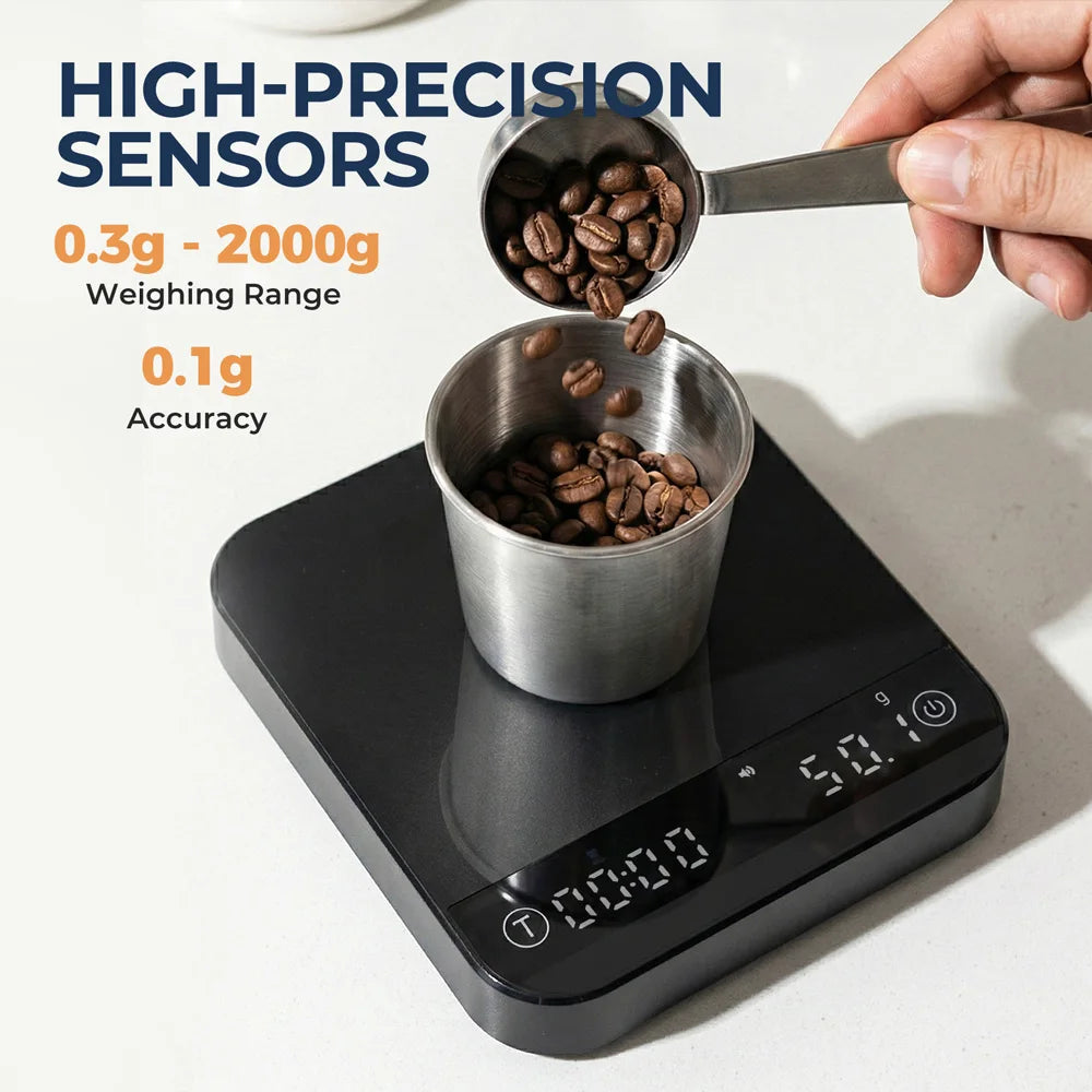 Portable Coffee Scale 0.1g Precision 0.3g-2000g, Flow Rate & Ratio Modes, 7H Battery Type-C, Tempered Glass, White & Black
