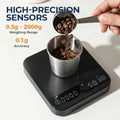 Portable Coffee Scale 0.1g Precision 0.3g-2000g, Flow Rate & Ratio Modes, 7H Battery Type-C, Tempered Glass, White & Black